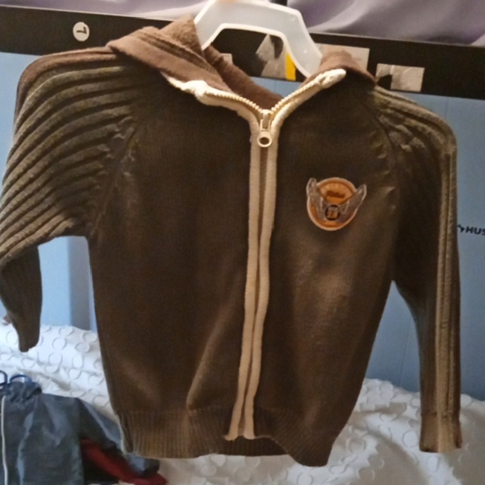 Brown Full-Zip Jacket with Standing Collar and Patch